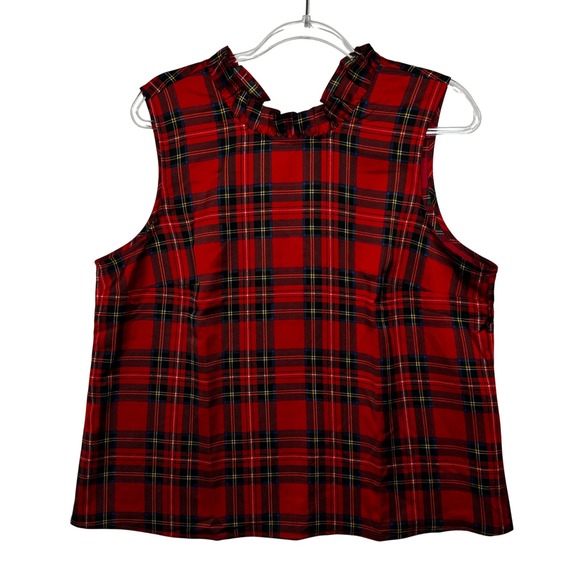 J.Crew Womens Red Stewart Plaid Ruffle Neck Bow Back Sleeveless Top L - Picture 2 of 8